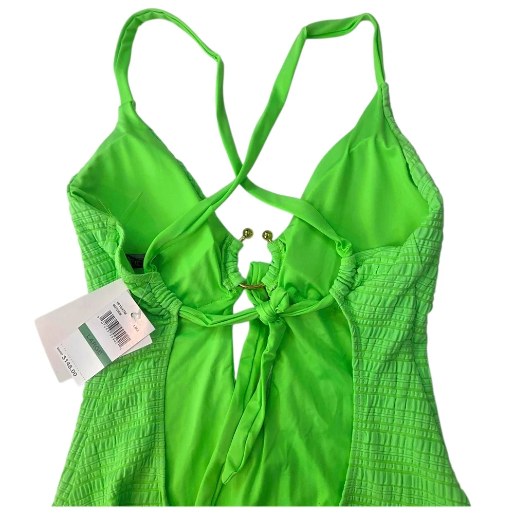 Becca Ariyah Cutout Plunge One Piece Swimsuit NEW Womens Large Neon Green Gold - Picture 6 of 11